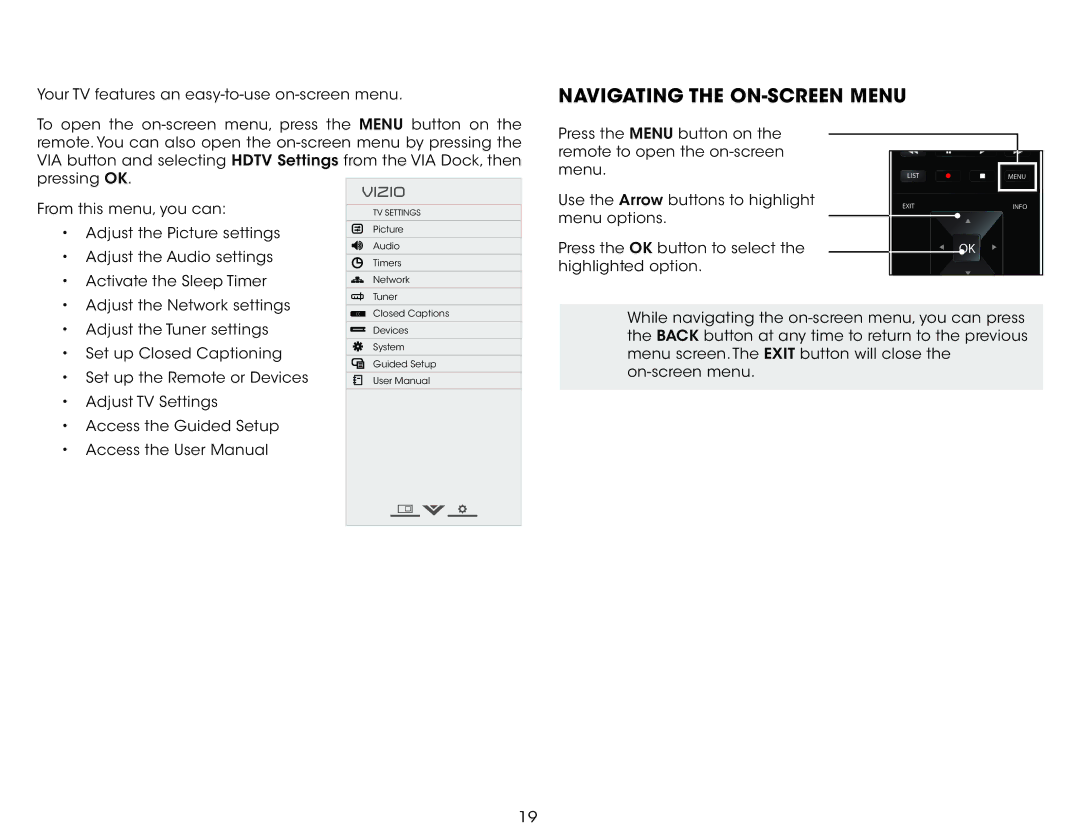 Vizio M401IA3, M401I-A3 user manual Using the On-Screen Menu, Navigating the ON-SCREEN Menu 