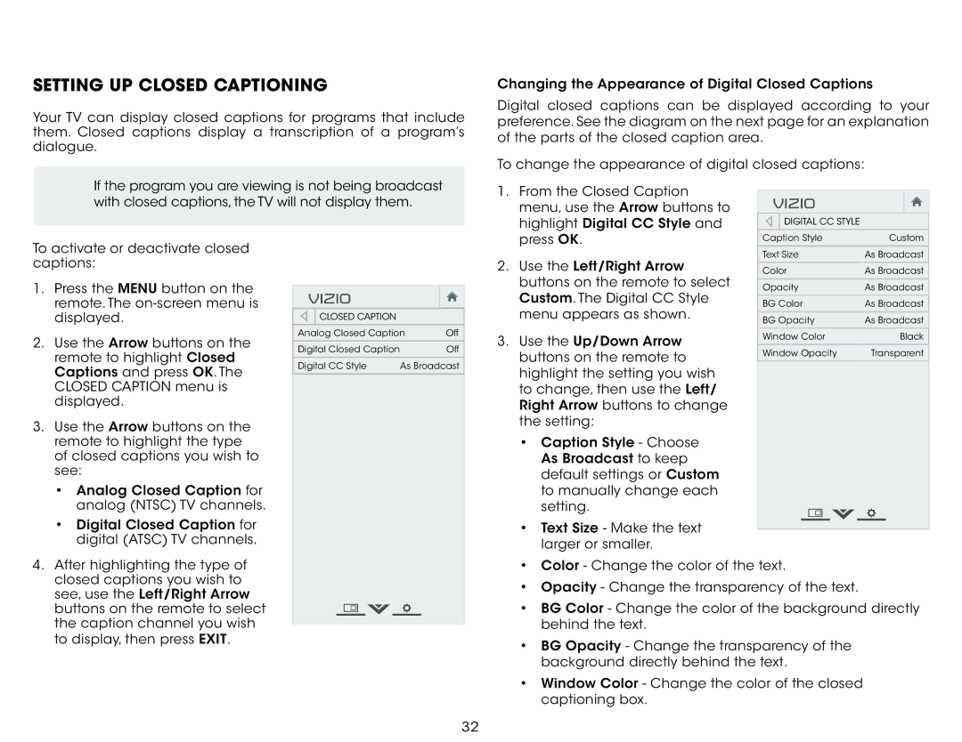 Vizio M401I-A3, M401IA3 user manual Setting UP Closed Captioning 