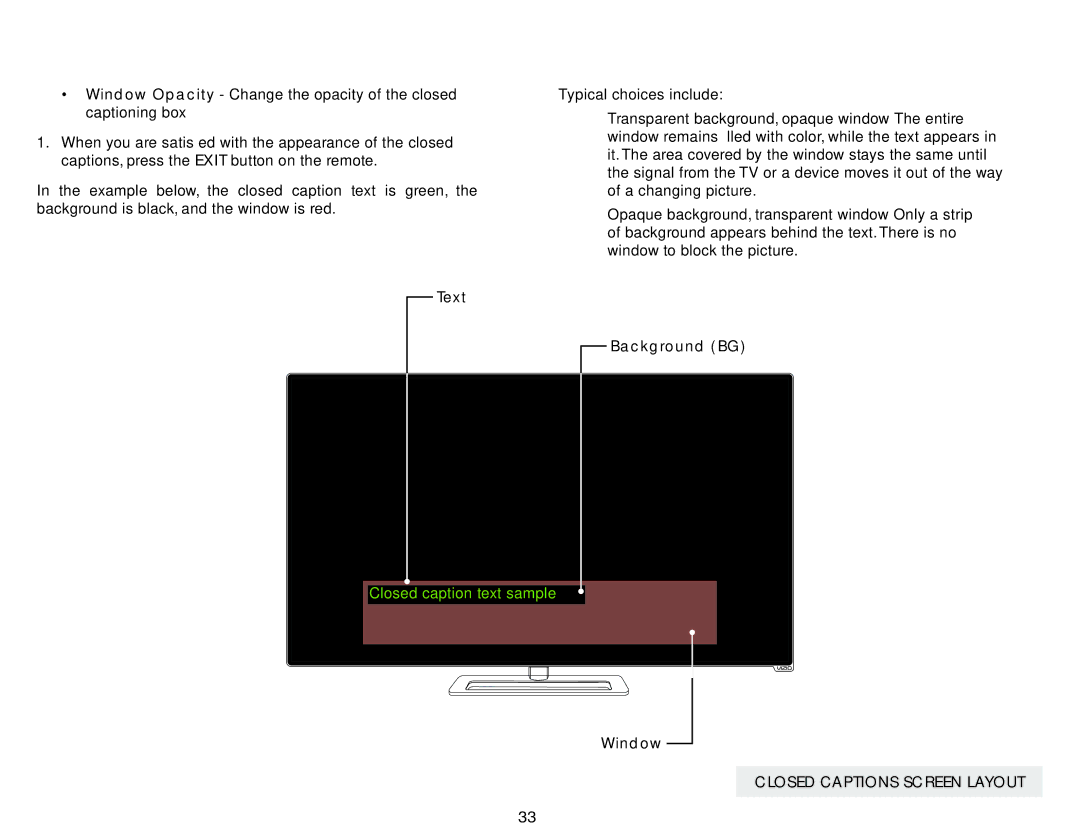 Vizio M401IA3, M401I-A3 user manual Closed Captions Screen Layout 