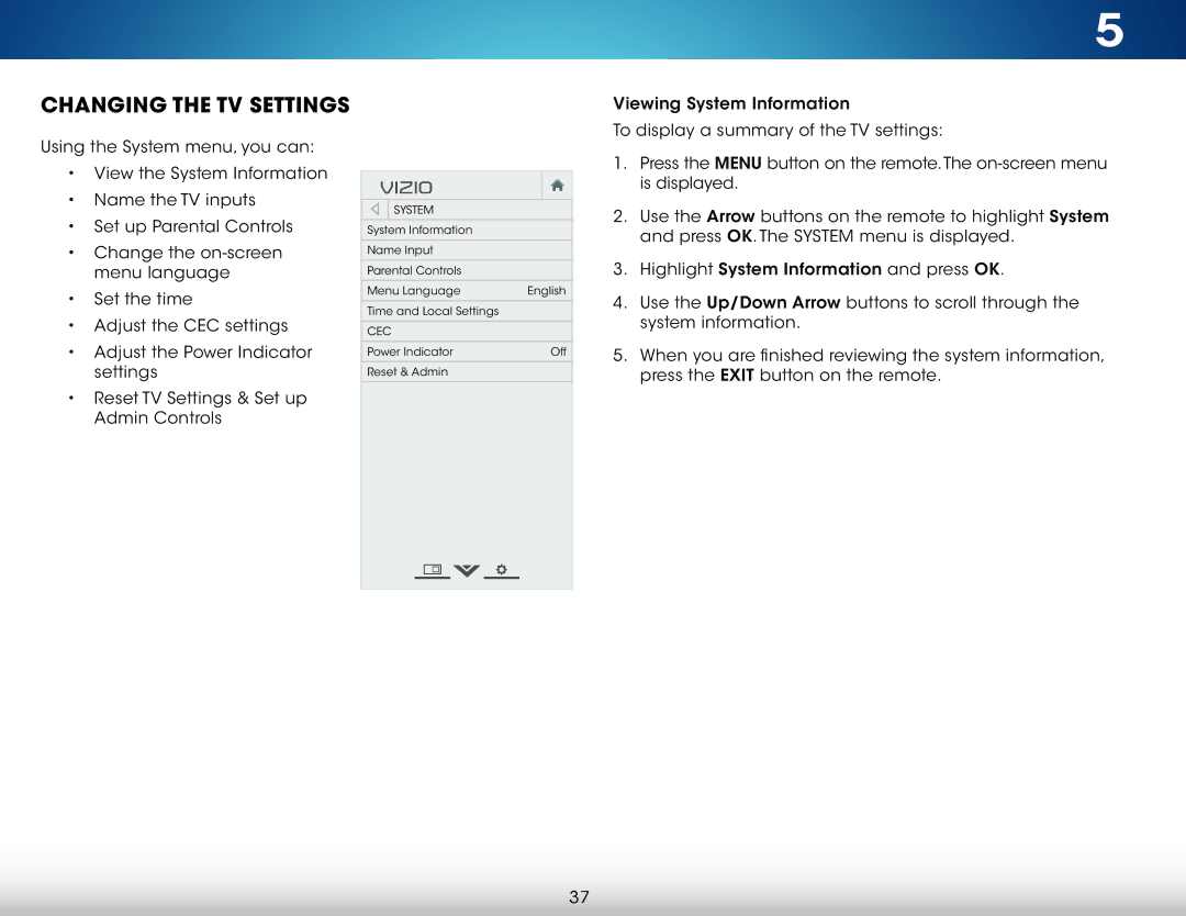 Vizio M401IA3, M401I-A3 user manual Changing the TV Settings, System 