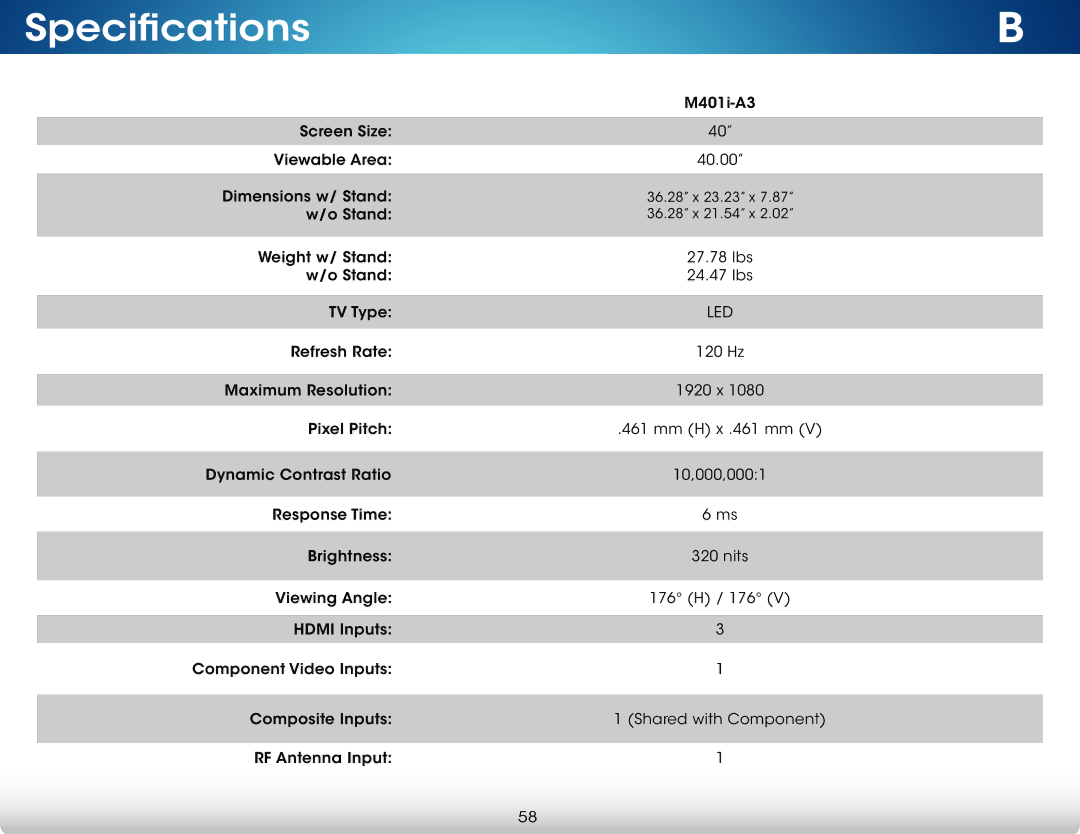 Vizio M401I-A3, M401IA3 user manual Specifications 