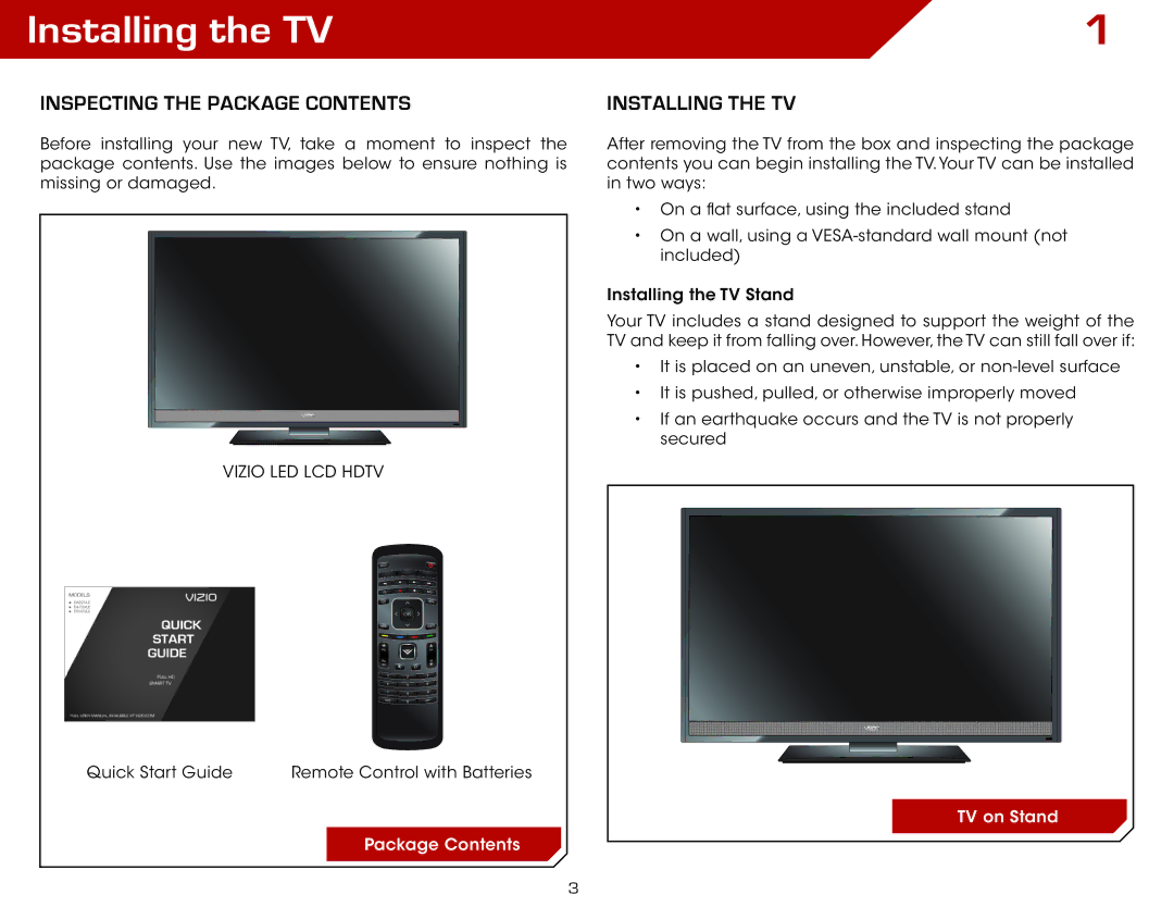 Vizio M420KD warranty Installing the TV, Inspecting the Package Contents 