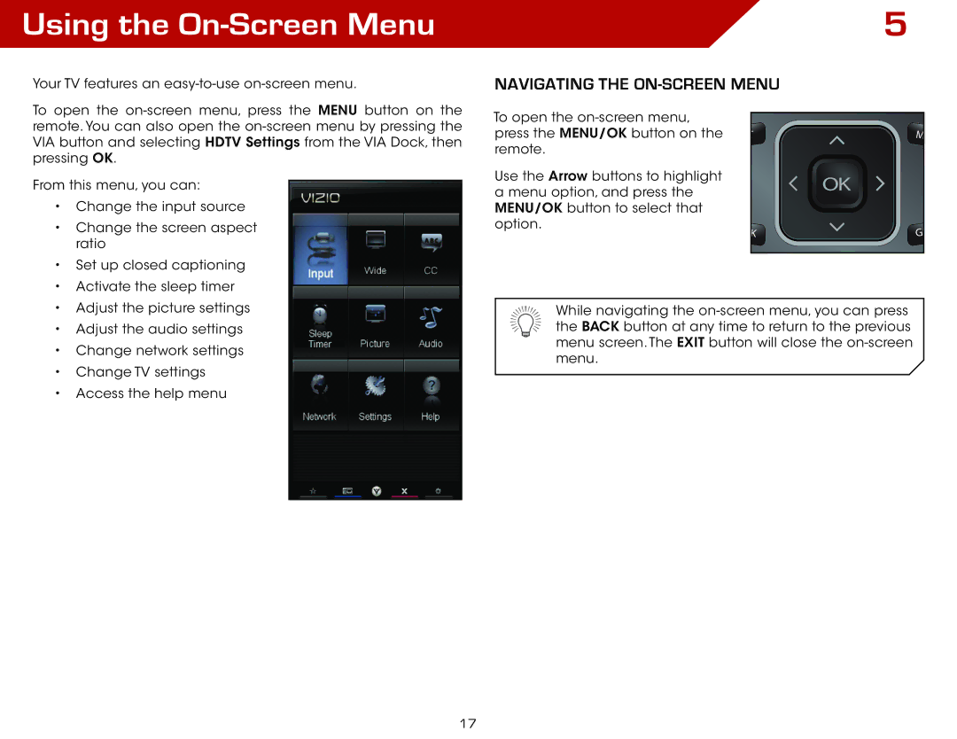 Vizio M420KD warranty Using the On-Screen Menu, Navigating the On-Screen Menu 