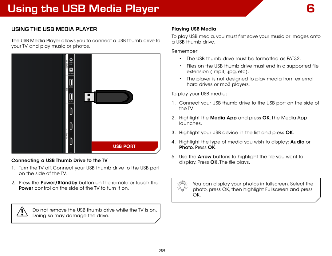 Vizio M420KD warranty Using the USB Media Player 