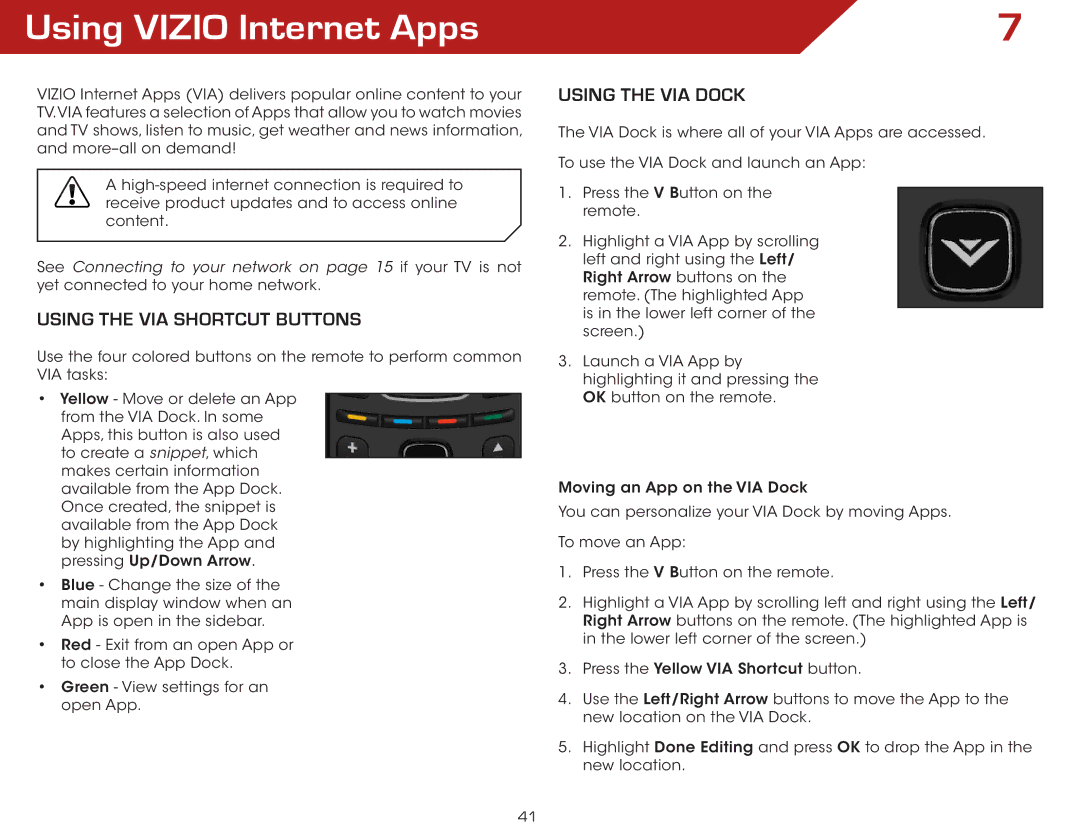 Vizio M420KD warranty Using Vizio Internet Apps, Using the VIA Shortcut Buttons, Using the VIA Dock 