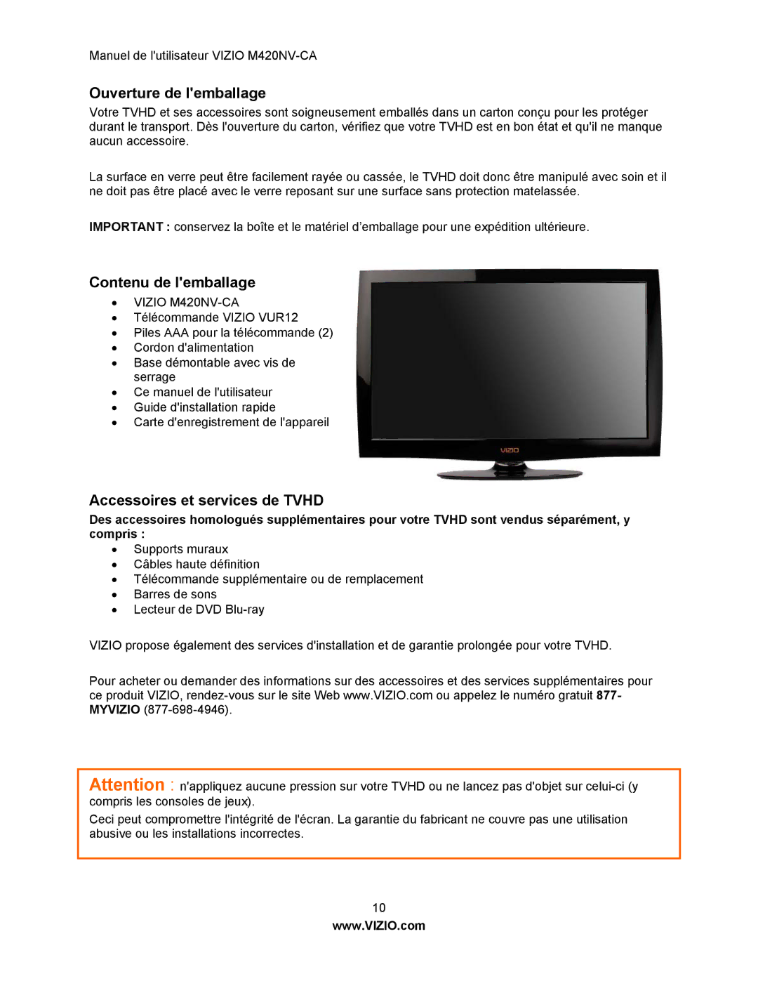 Vizio M420NV-CA manual Ouverture de lemballage 