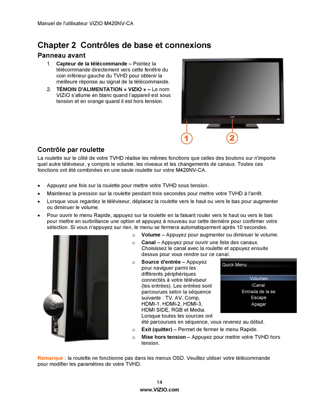 Vizio M420NV-CA manual Contrôles de base et connexions, Panneau avant, Contrôle par roulette 