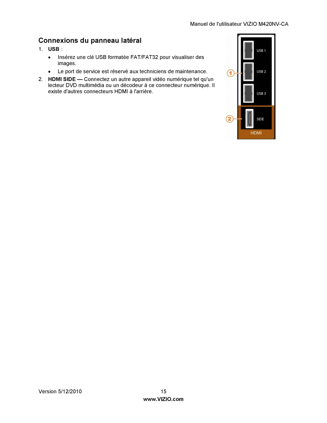 Vizio M420NV-CA manual Connexions du panneau latéral, Usb 