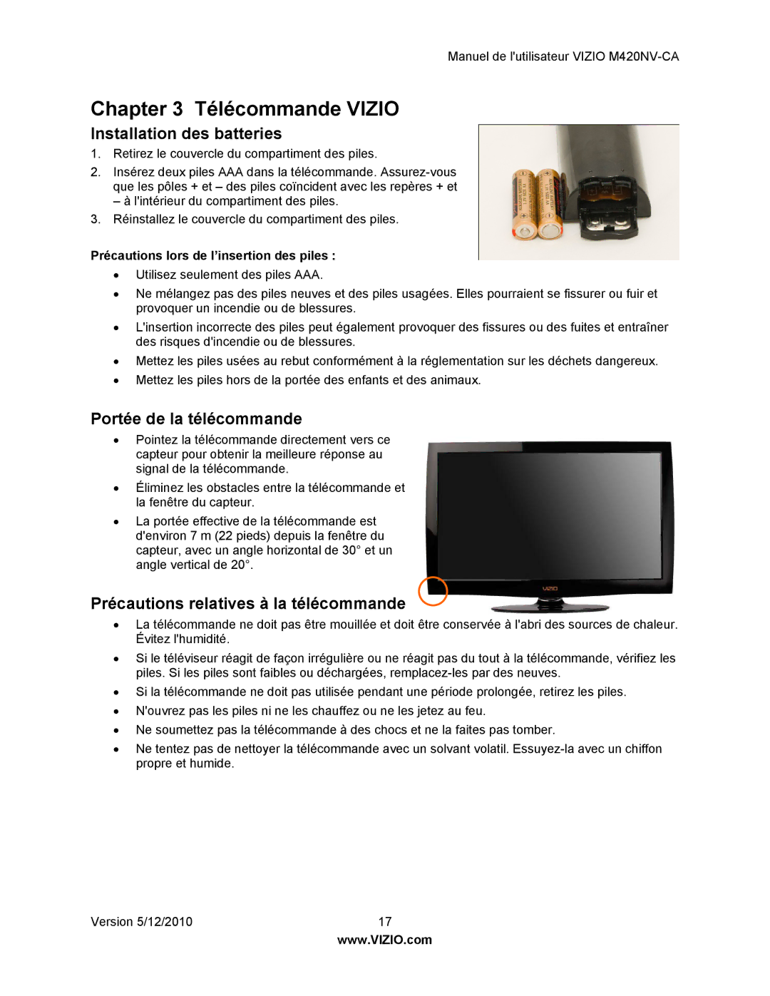 Vizio M420NV-CA manual Télécommande Vizio, Installation des batteries, Portée de la télécommande 