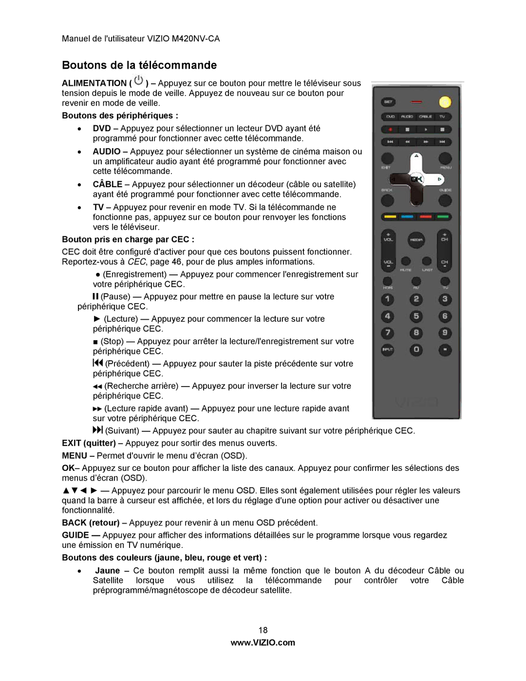 Vizio M420NV-CA manual Boutons de la télécommande, Boutons des périphériques, Bouton pris en charge par CEC 