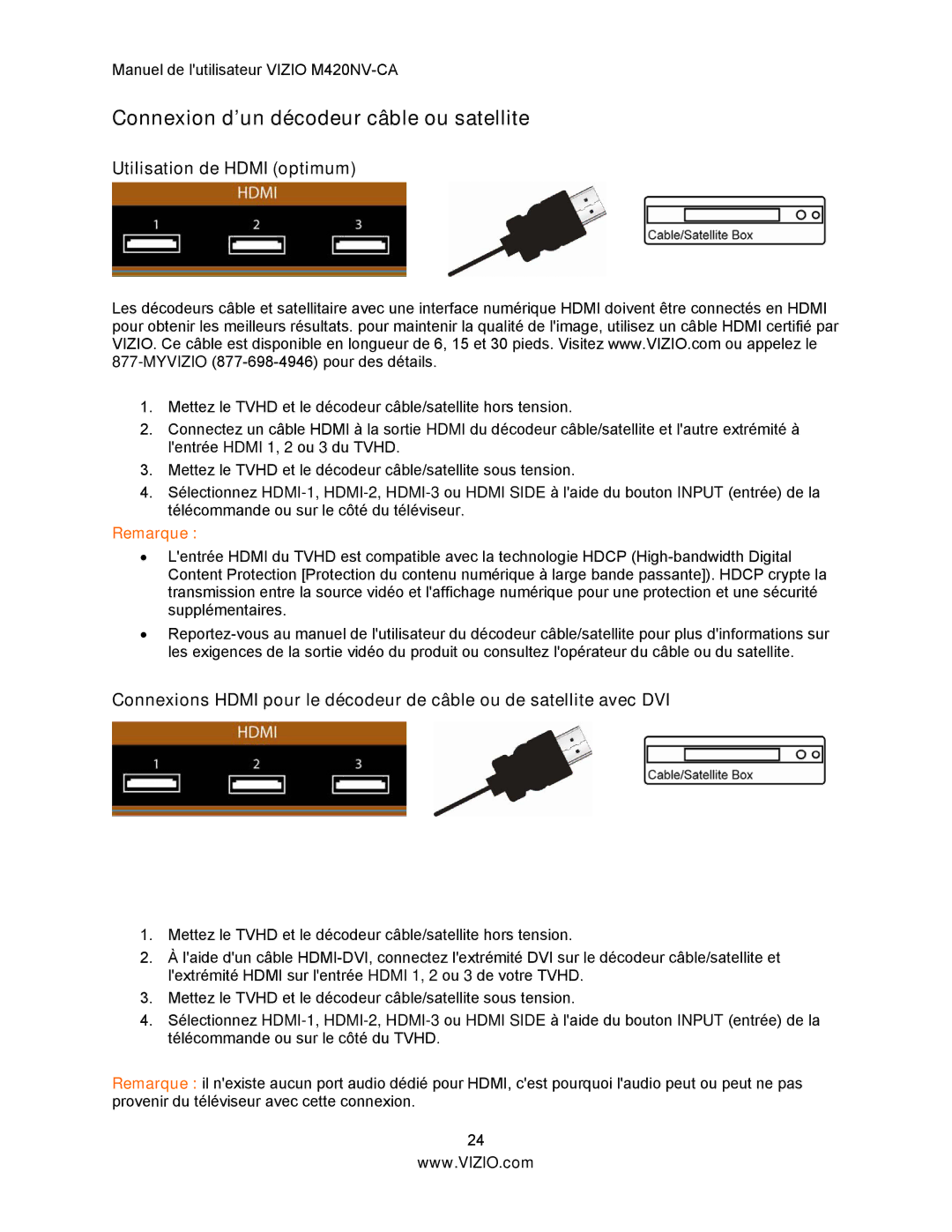 Vizio M420NV-CA manual Connexion d’un décodeur câble ou satellite, Utilisation de Hdmi optimum 