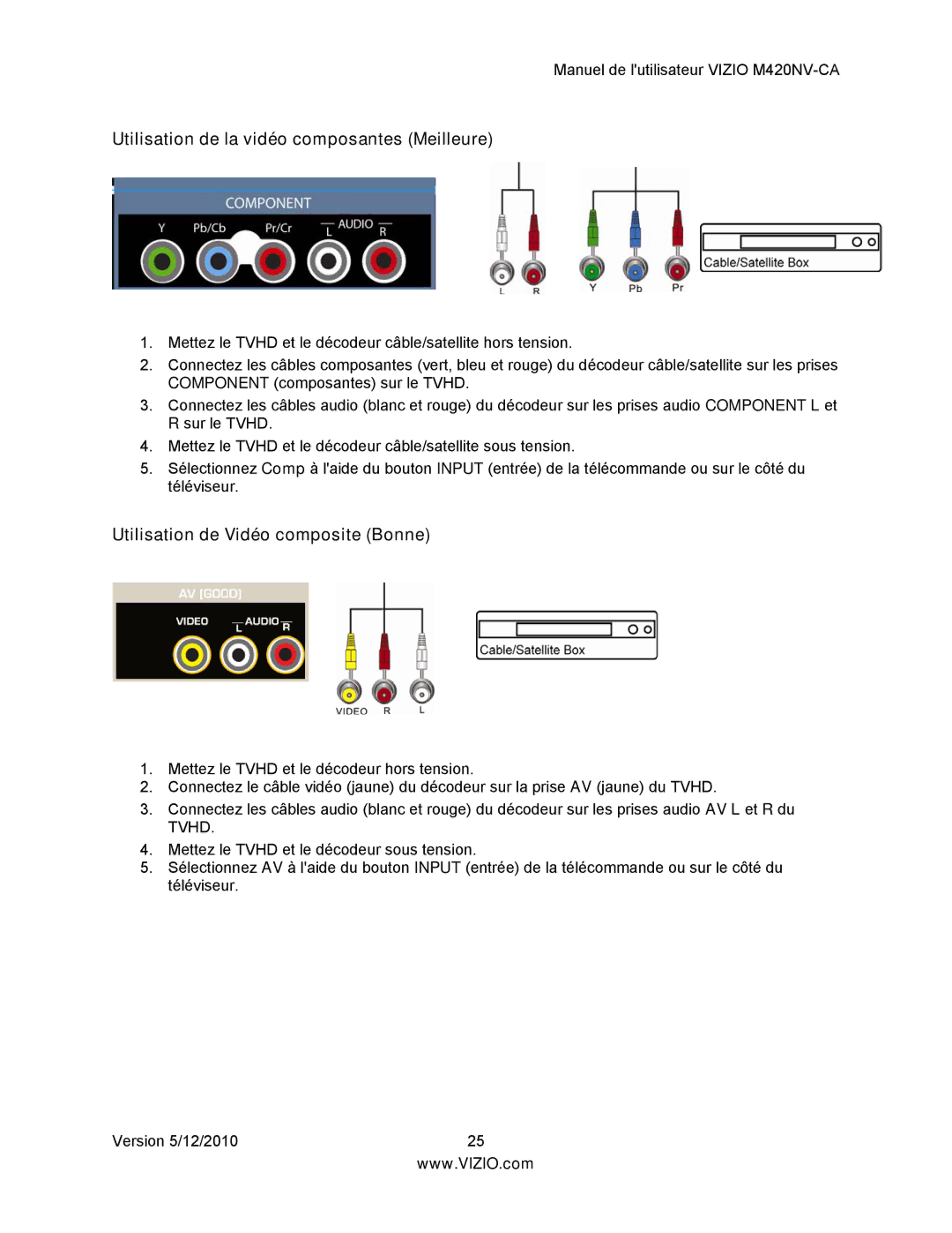 Vizio M420NV-CA manual Utilisation de la vidéo composantes Meilleure, Utilisation de Vidéo composite Bonne 