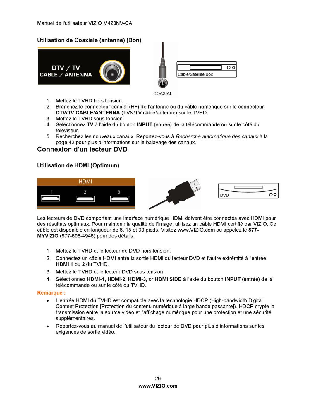 Vizio M420NV-CA manual Connexion dun lecteur DVD, Utilisation de Coaxiale antenne Bon 