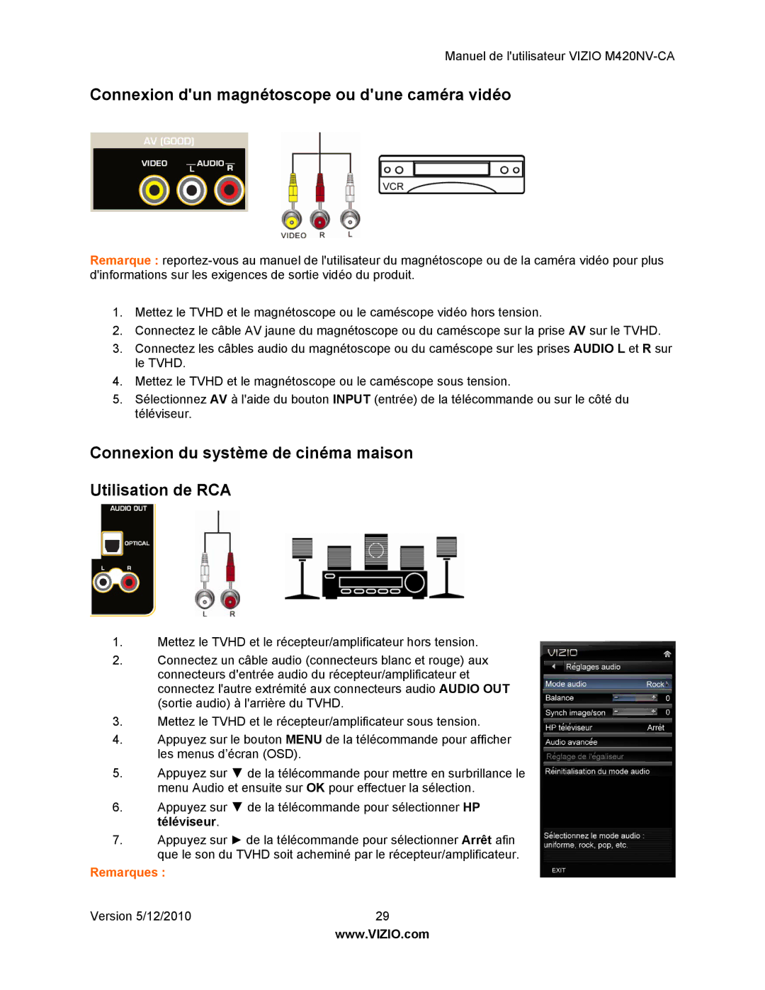 Vizio M420NV-CA Connexion dun magnétoscope ou dune caméra vidéo, Connexion du système de cinéma maison Utilisation de RCA 