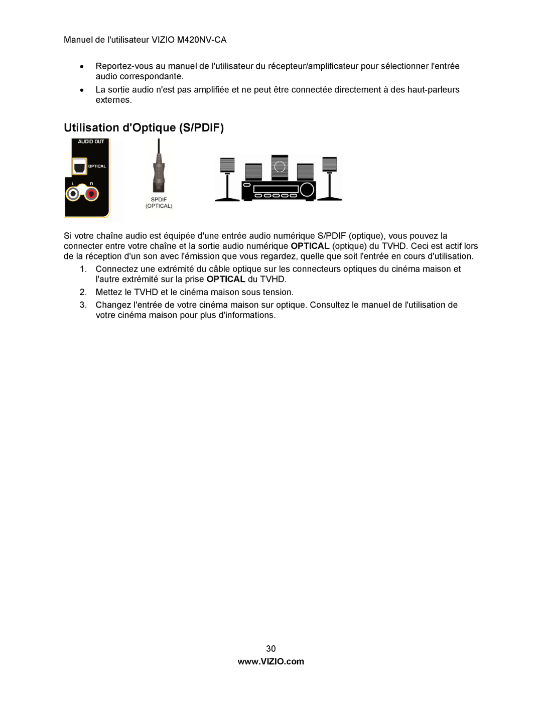 Vizio M420NV-CA manual Utilisation dOptique S/PDIF 