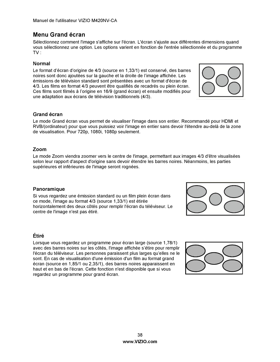 Vizio M420NV-CA manual Menu Grand écran 