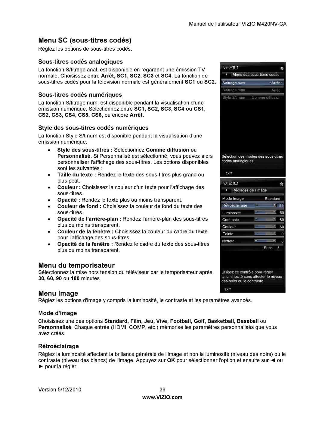 Vizio M420NV-CA manual Menu SC sous-titres codés, Menu du temporisateur, Menu Image 
