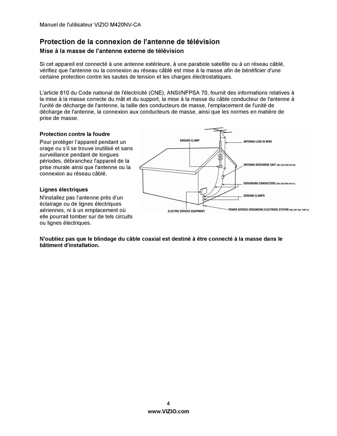 Vizio M420NV-CA Protection de la connexion de lantenne de télévision, Mise à la masse de lantenne externe de télévision 