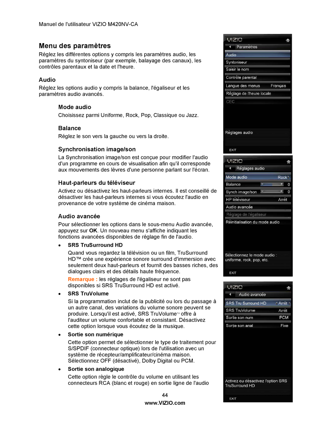 Vizio M420NV-CA manual Menu des paramètres, Balance, Synchronisation image/son, Haut-parleurs du téléviseur, Audio avancée 