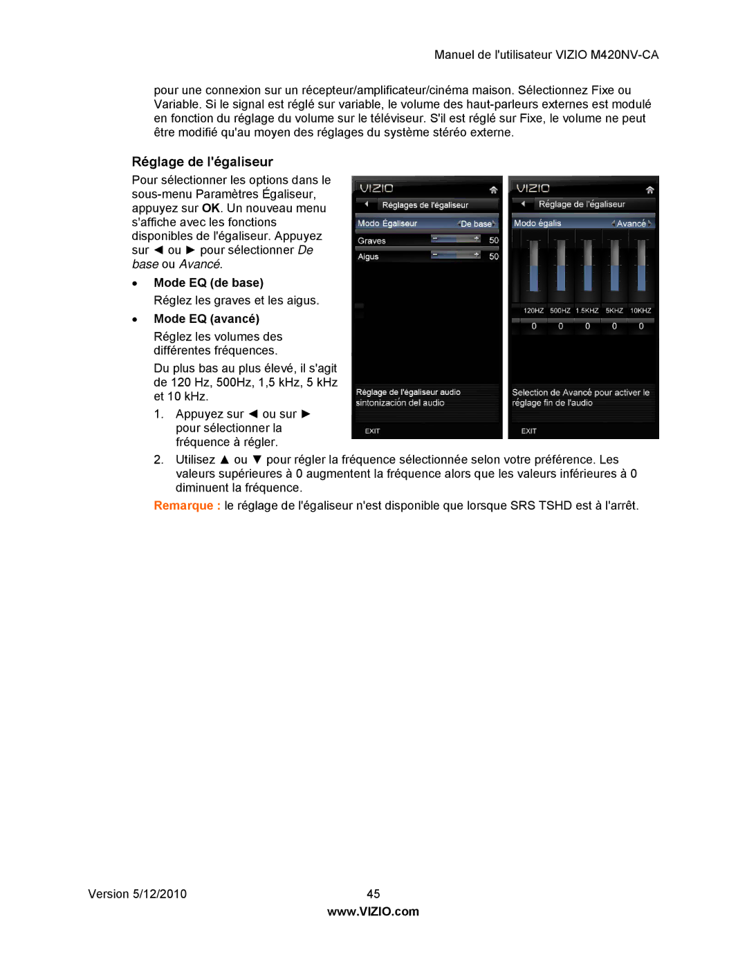 Vizio M420NV-CA manual Réglage de légaliseur, Mode EQ de base, Mode EQ avancé 