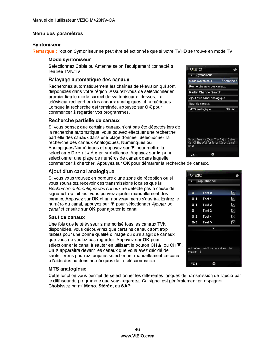 Vizio M420NV-CA manual Menu des paramètres Syntoniseur, Mode syntoniseur, Balayage automatique des canaux, Saut de canaux 