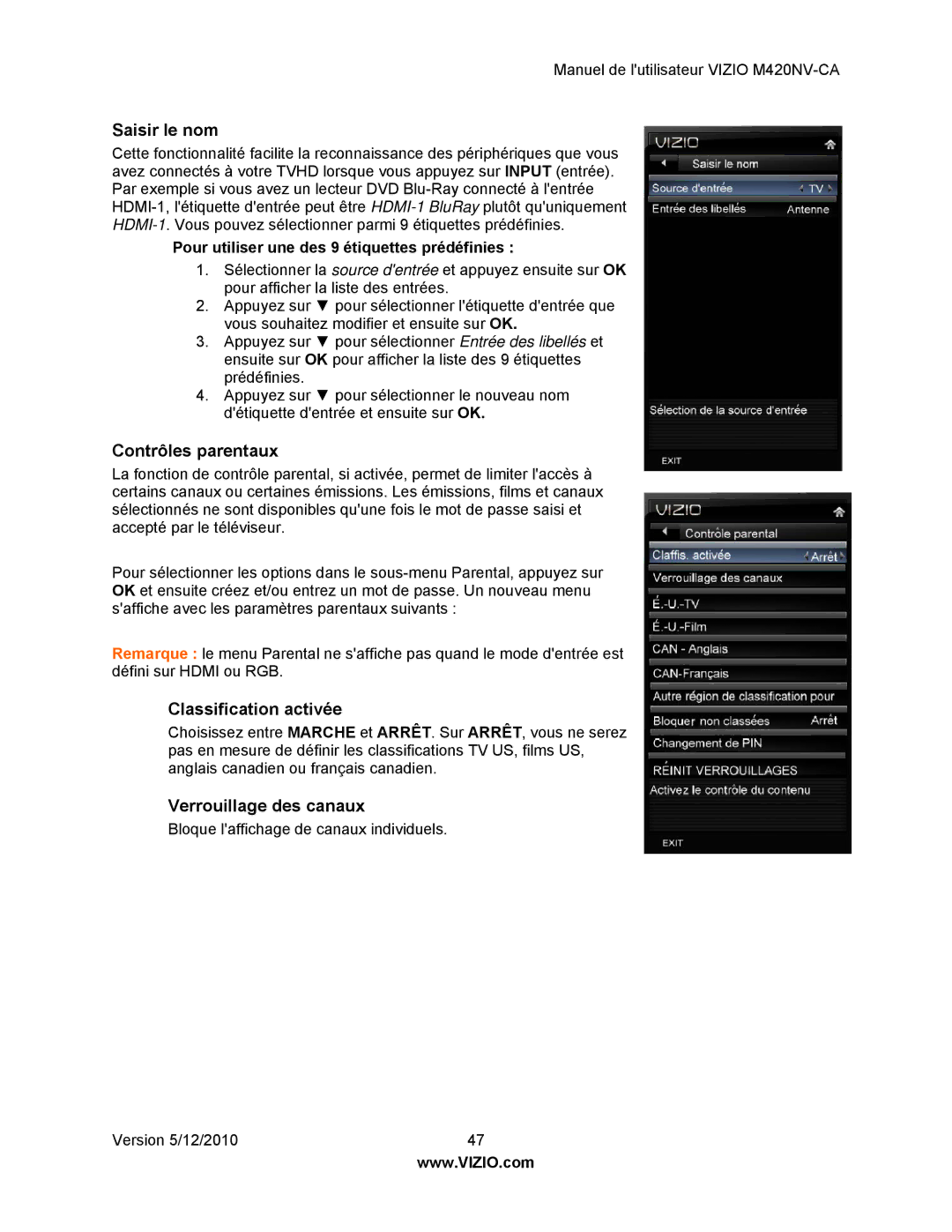 Vizio M420NV-CA manual Saisir le nom, Contrôles parentaux, Classification activée, Verrouillage des canaux 