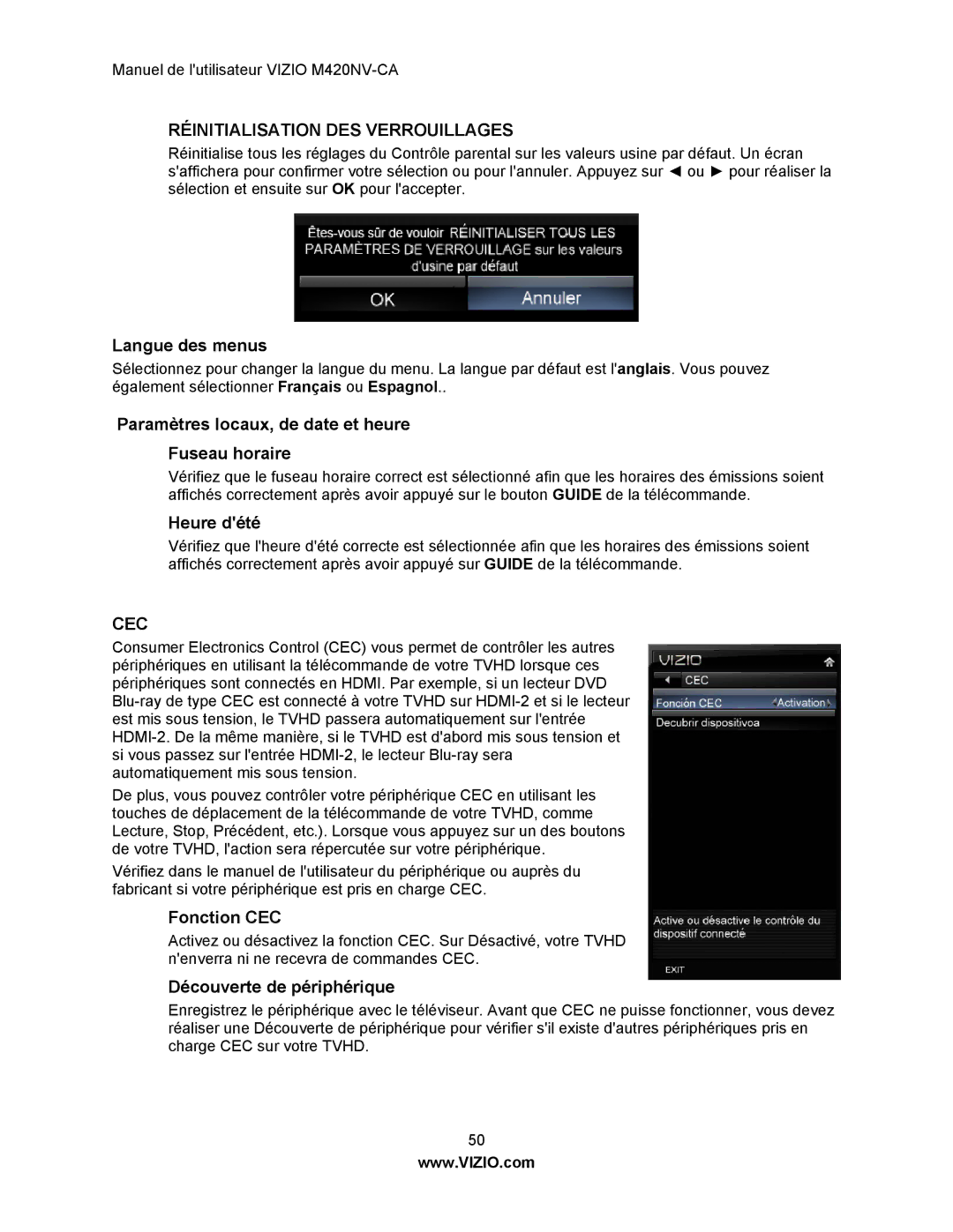Vizio M420NV-CA manual Langue des menus, Paramètres locaux, de date et heure Fuseau horaire, Heure dété, Fonction CEC 