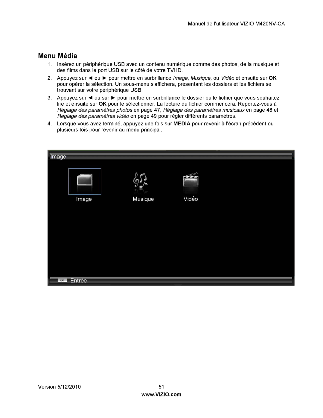 Vizio M420NV-CA manual Menu Média 