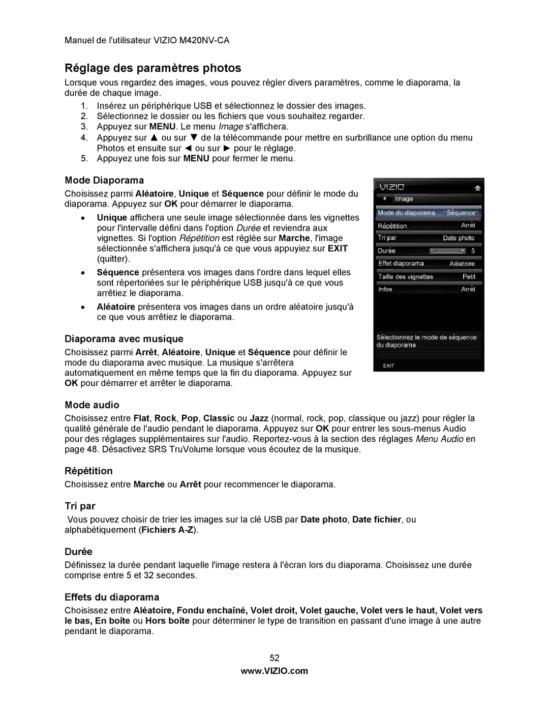 Vizio M420NV-CA manual Réglage des paramètres photos 