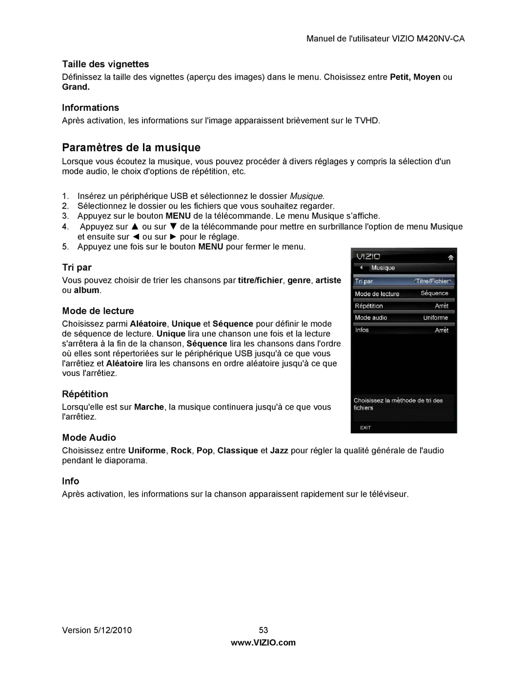 Vizio M420NV-CA manual Paramètres de la musique 