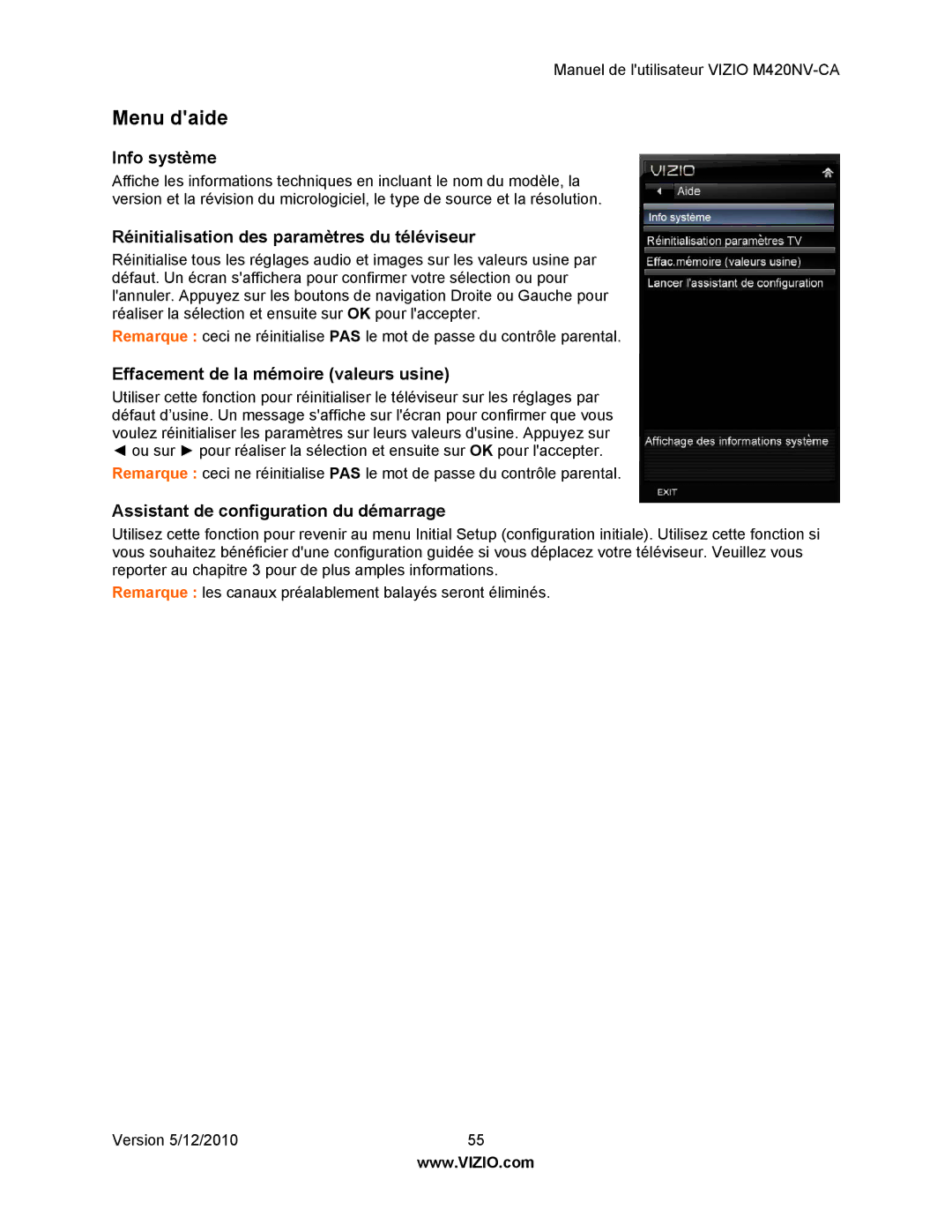 Vizio M420NV-CA manual Menu daide, Info système, Réinitialisation des paramètres du téléviseur 