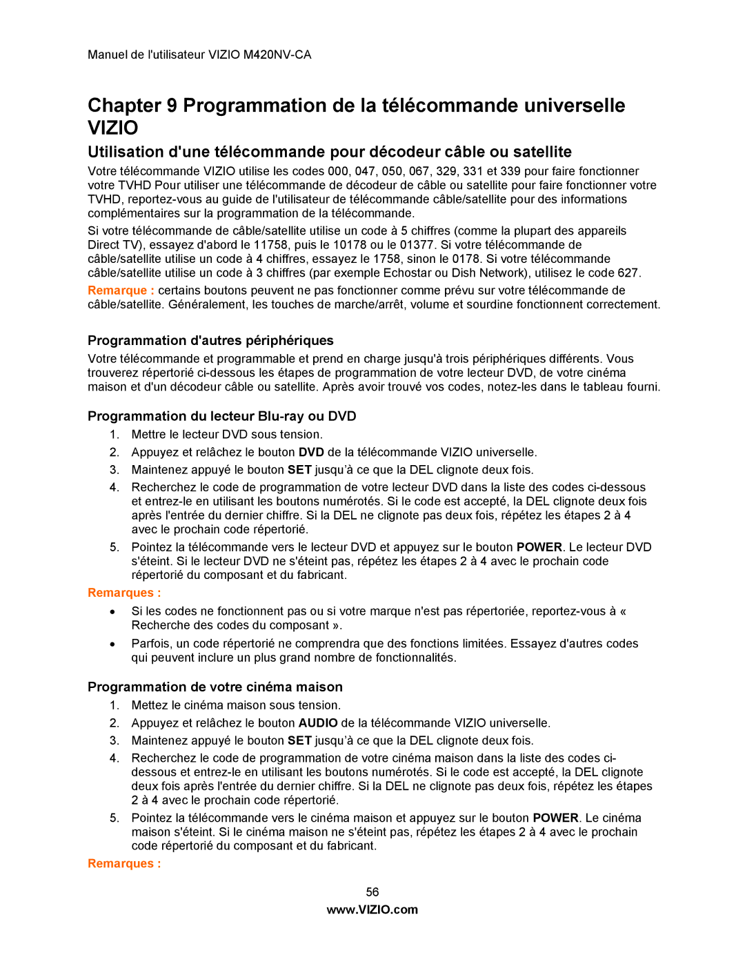 Vizio M420NV-CA manual Programmation de la télécommande universelle, Programmation dautres périphériques 