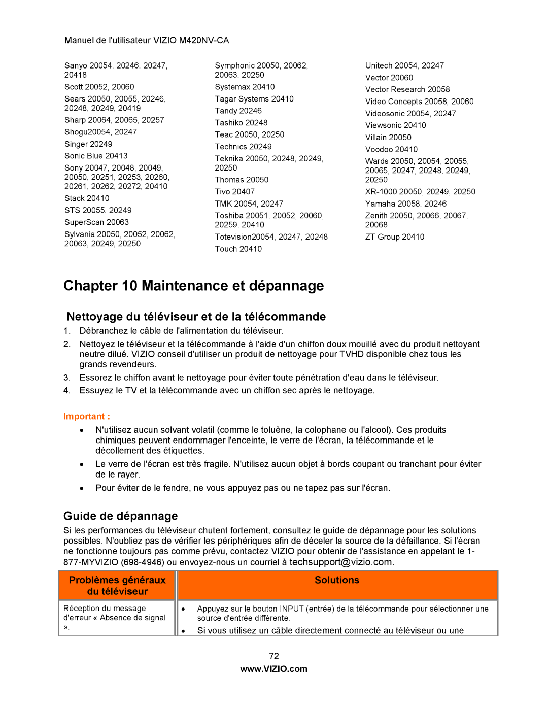 Vizio M420NV-CA Maintenance et dépannage, Nettoyage du téléviseur et de la télécommande, Guide de dépannage, Solutions 