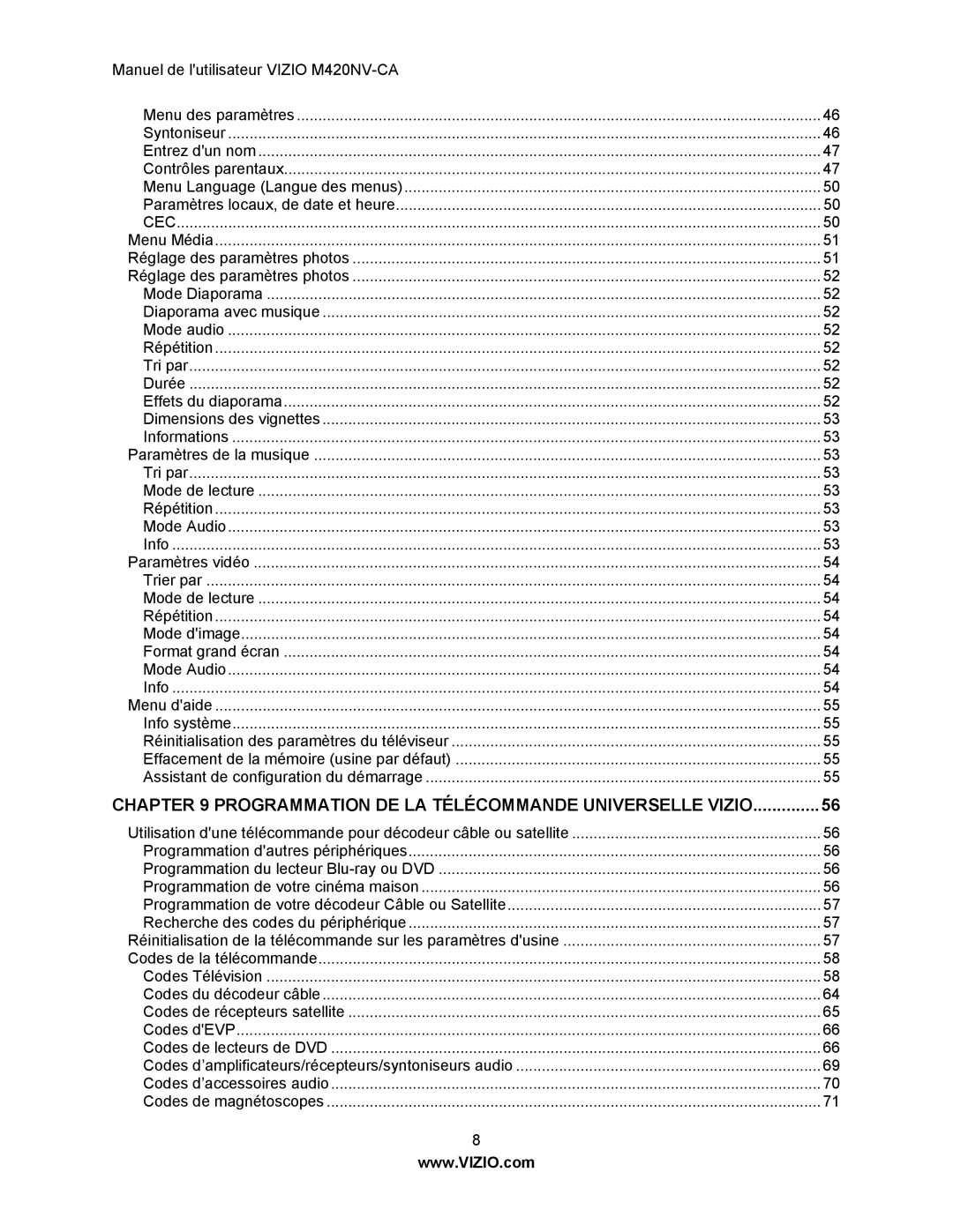 Vizio M420NV-CA manual Programmation DE LA Télécommande Universelle Vizio 