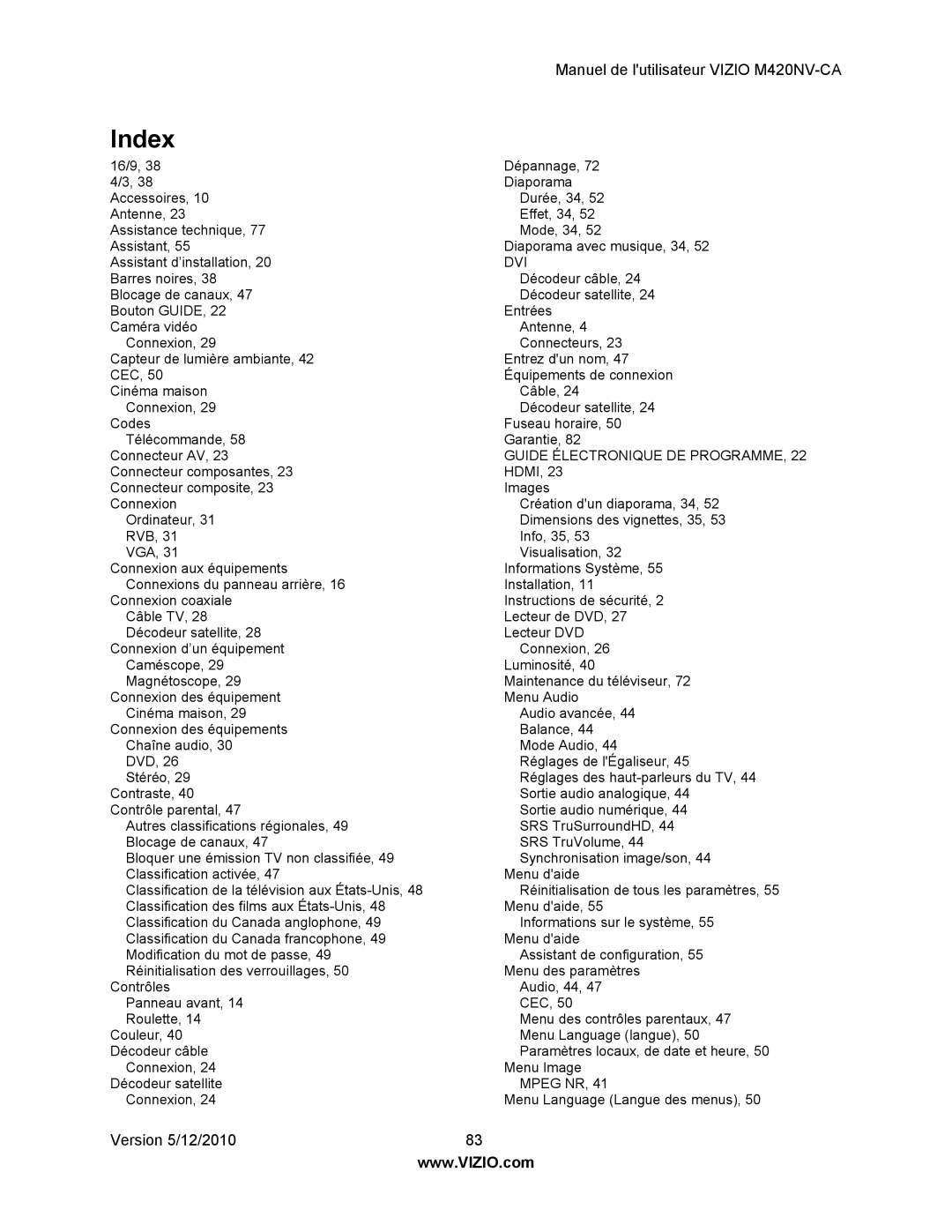 Vizio M420NV-CA manual Index, Dvi 