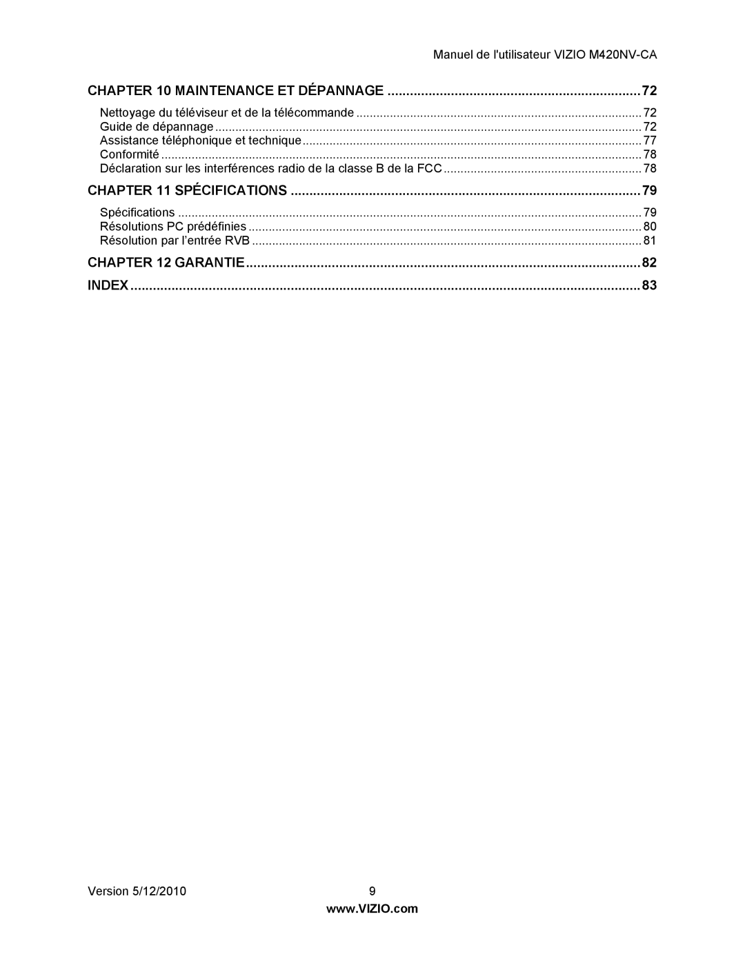 Vizio M420NV-CA manual Spécifications 