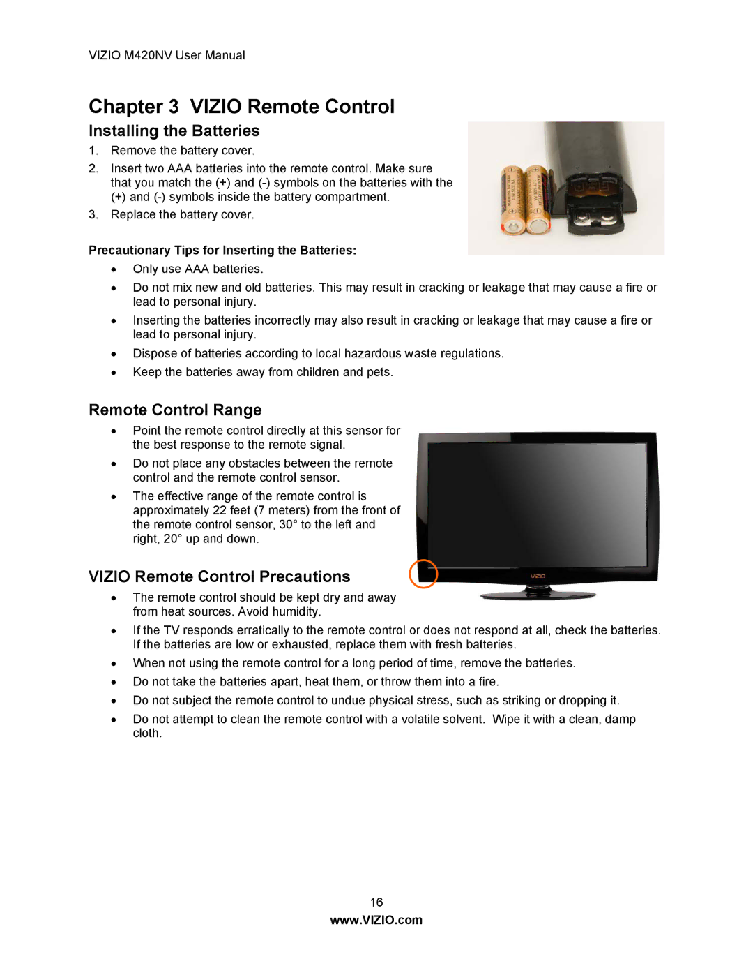 Vizio M420NV manual Installing the Batteries, Remote Control Range, Vizio Remote Control Precautions 