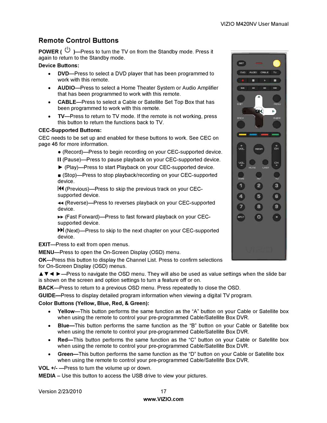 Vizio M420NV manual Remote Control Buttons, Device Buttons, CEC-Supported Buttons, Color Buttons Yellow, Blue, Red, & Green 