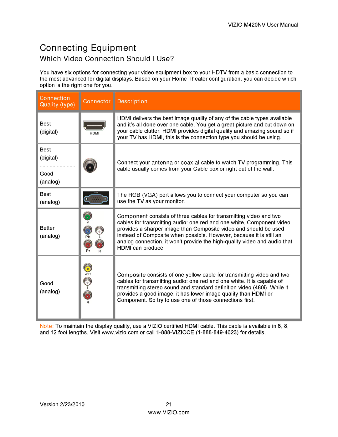 Vizio M420NV manual Connecting Equipment, Which Video Connection Should I Use? 