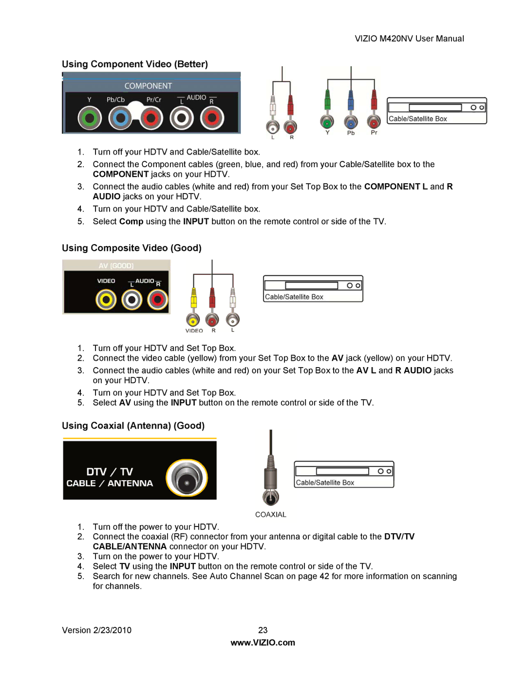 Vizio M420NV manual Using Component Video Better, Using Composite Video Good, Using Coaxial Antenna Good 