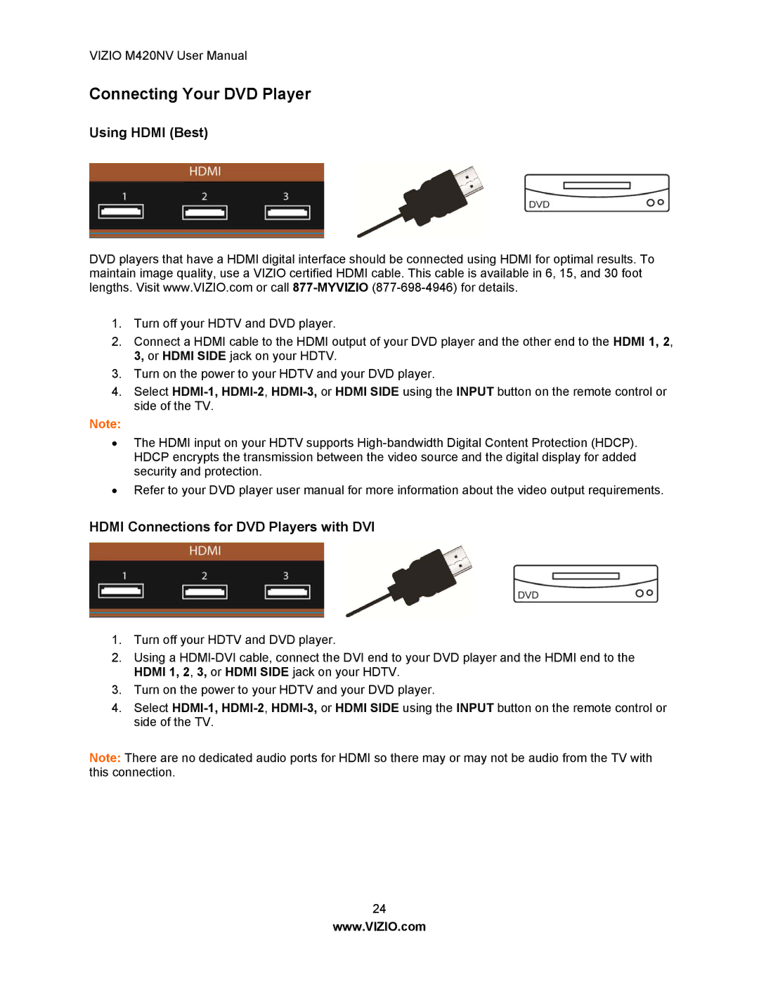 Vizio M420NV manual Connecting Your DVD Player, Hdmi Connections for DVD Players with DVI 