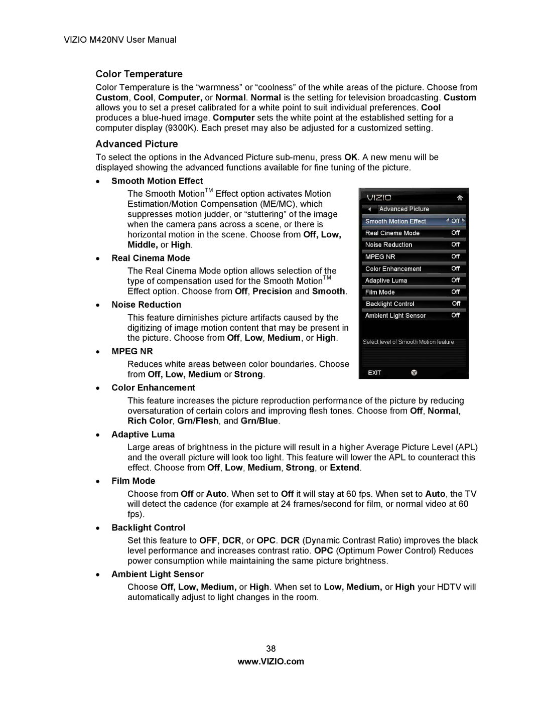 Vizio M420NV manual Color Temperature, Advanced Picture 