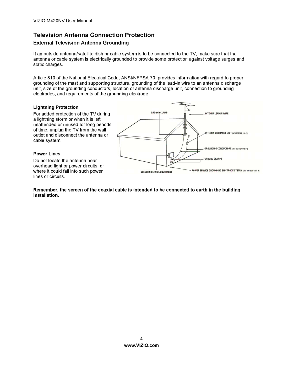 Vizio M420NV manual Television Antenna Connection Protection, External Television Antenna Grounding, Lightning Protection 