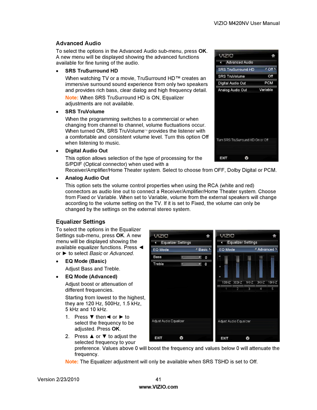 Vizio M420NV manual Advanced Audio, Equalizer Settings 