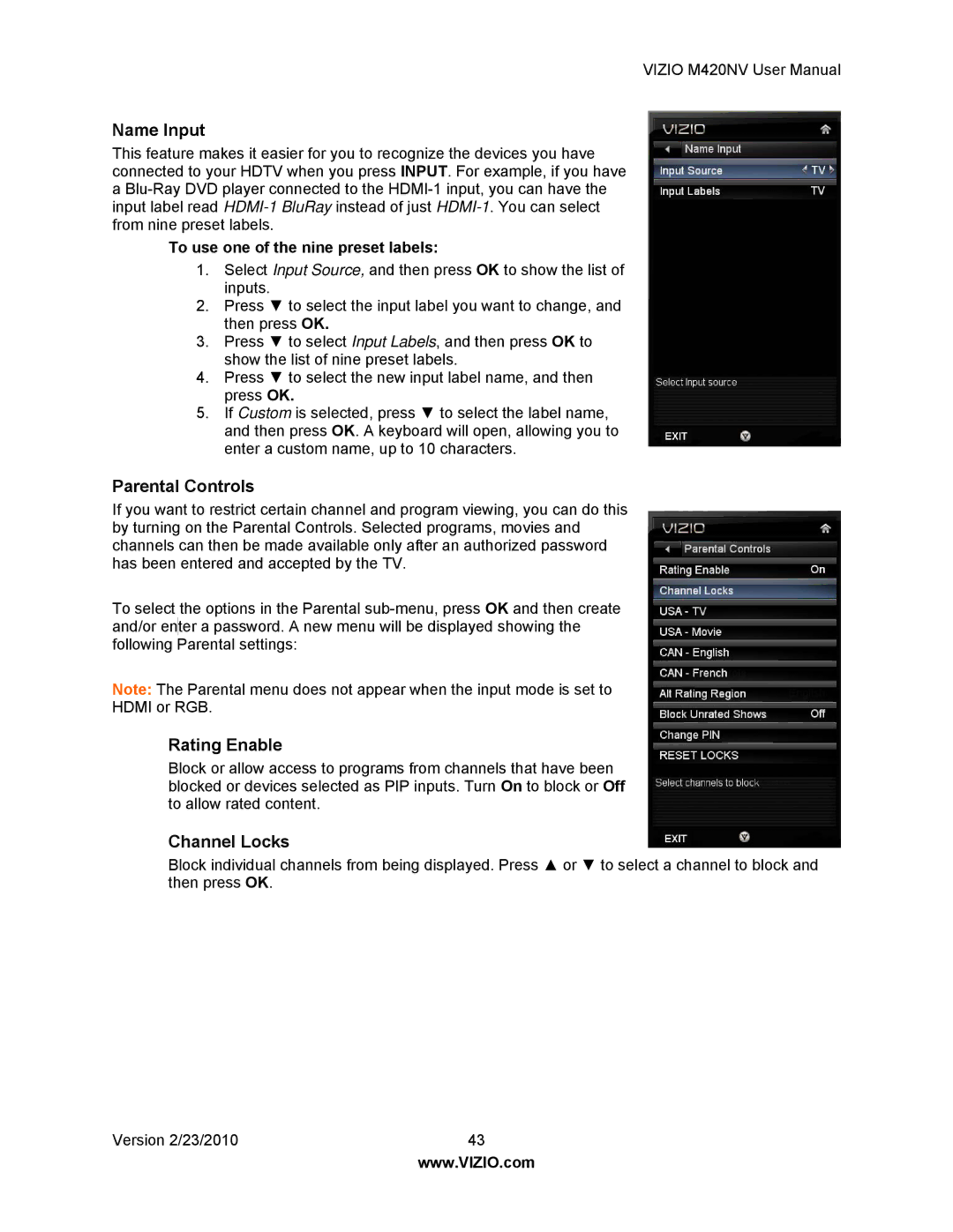 Vizio M420NV manual Name Input, Parental Controls, Rating Enable, Channel Locks, To use one of the nine preset labels 