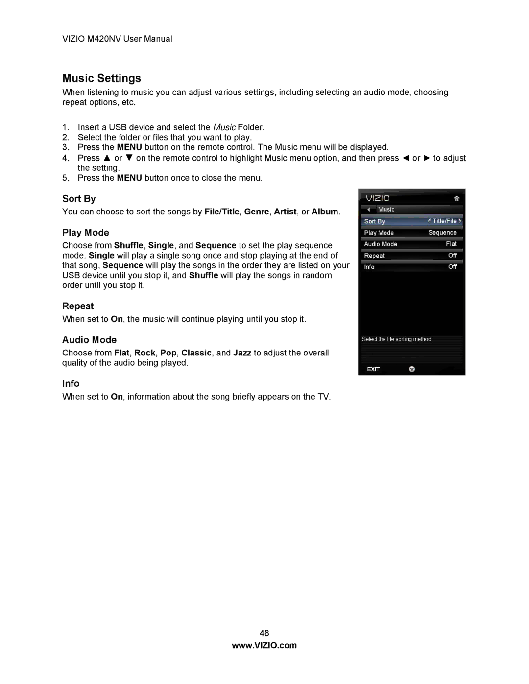 Vizio M420NV manual Music Settings 