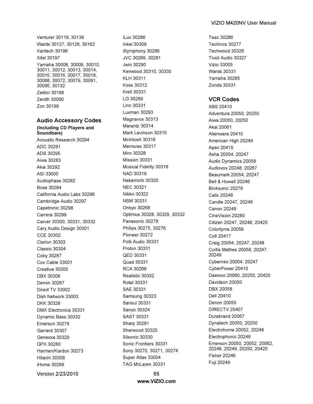 Vizio M420NV manual Audio Accessory Codes, VCR Codes 