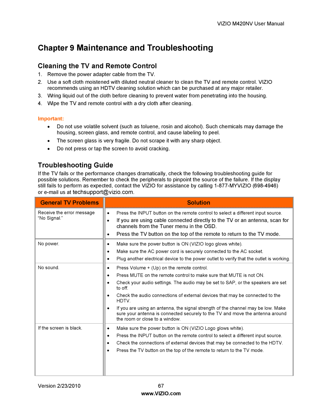 Vizio M420NV manual Cleaning the TV and Remote Control, Troubleshooting Guide, General TV Problems, Solution 