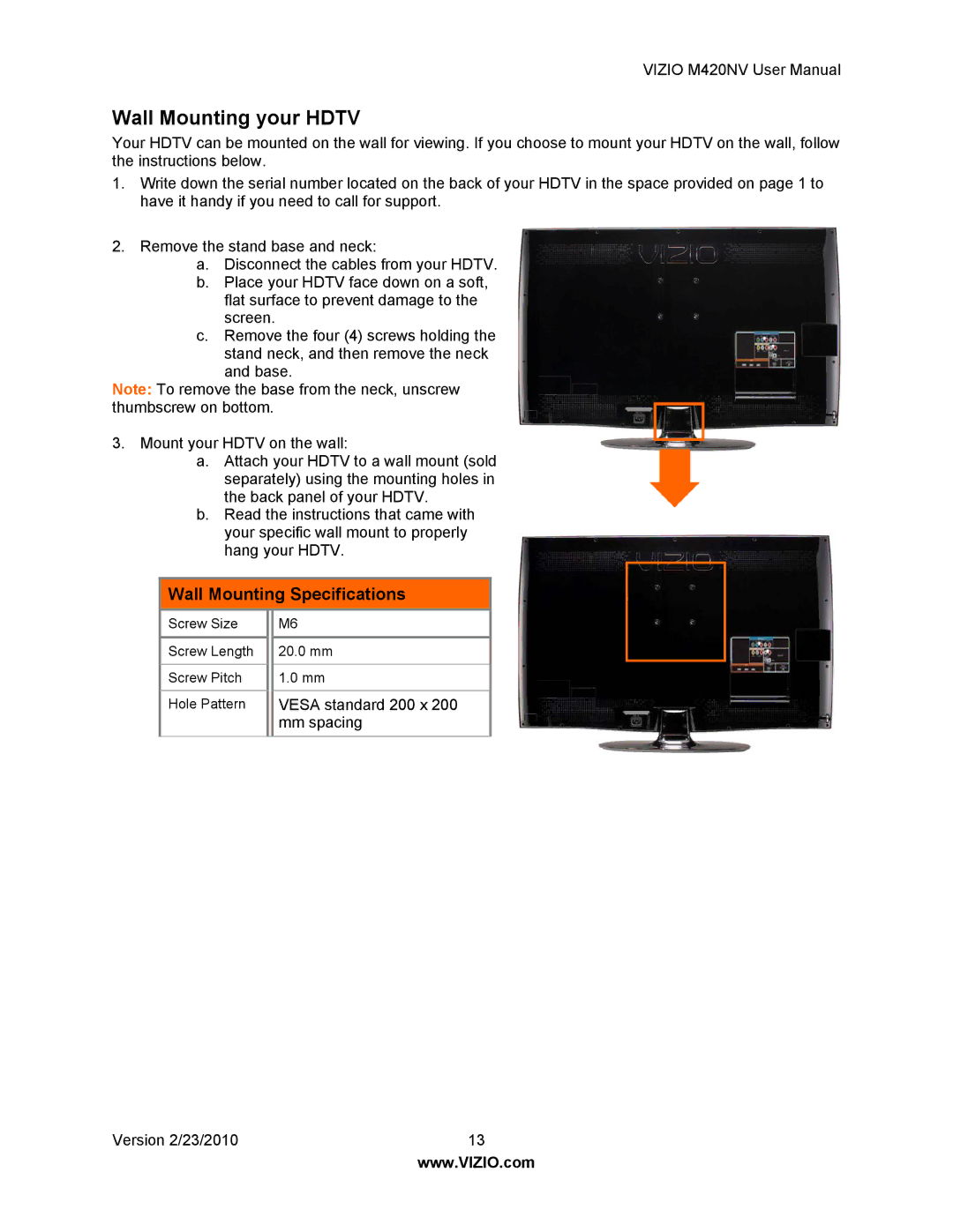 Vizio M420NV manual Wall Mounting your Hdtv, Wall Mounting Specifications 