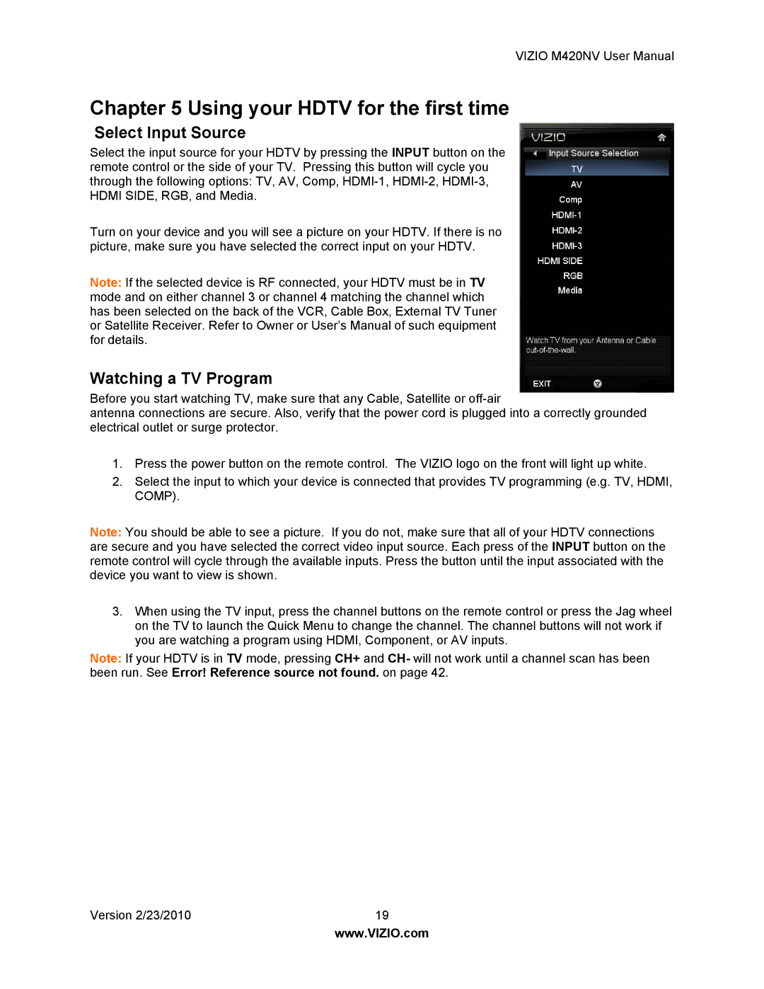 Vizio M420NV manual Select Input Source, Watching a TV Program 